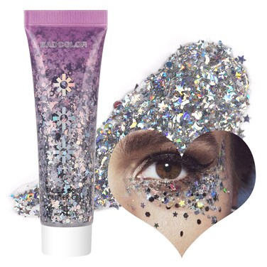 Silver Face Body Glitter Gel, Holographic Shimmer Chunky Glitters Makeup for Hair Nails Eye Lips, Music Festival Concert Rave Accessories Party, Long Lasting Sparkling Mermaid Sequins Gel Kit