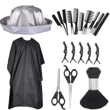 Professional Hairdressing Kit 20 Pieces: Scissors, Combs, Umbrella Cape, Apron and Accessories for Barbers and Stylists, Black/Silver