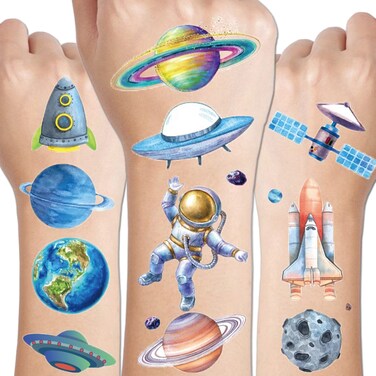 Glitter Galaxy Temporary Tattoos for Kids - 12 Sheets Glitter Outer Space Tattoos for Boys Girls Birthday Party Favors Goodie Bag Fillers