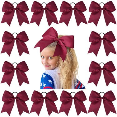 12 PCS 8" Large Cheer Bows Maroon Girl Hair Bows Cheerleading Softball Team Bow Hair Accessories for cheerleaders football Competition Sports