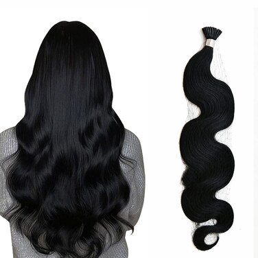 Wavy Itip Human Hair Extensions 16 Inch Keratin Fusion Wavy Hair Extensions Human Hair Color #1 Jet Black 40g/50s Per Pack Black I Tips Remy Fusion Hair Extensions