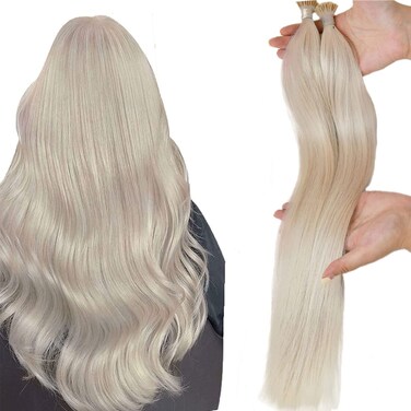 I Tip Hair Extensions Human Hair Blonde 22 Inch Fusion Hair Extensions with Itlian Keratin Glue Color #60A White Blonde Stick Tip Keratin Bond Hair Extensions 0.8g/Strand 40g Thick Hair Extensions