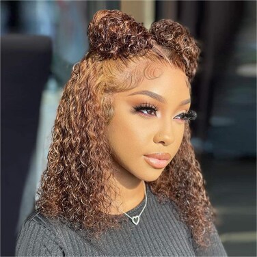 Ombre Highlight Deep Wave Curly Bob Wigs Human Hair Pre Plucked Wear And Go Glueless 13x4 Hd Honey Blonde Highlight Lace Front Wig Human Hair For Black Women Wet And Wavy 4/27 14 Inch