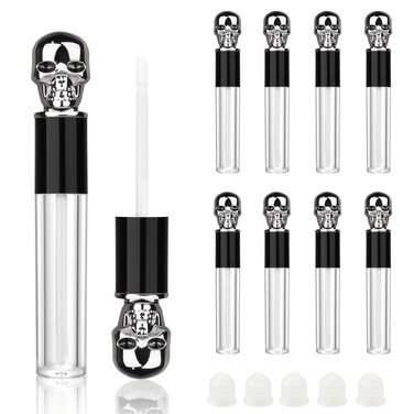 COSIDEA 8pcs Empty Round 5ml 0.17oz Silver skull lip gloss tubes with wand fancy Lipgloss tube containers for lip oil packing