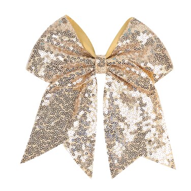 Jumbo Glitter Cheer Bow Clip - 7 Inch Large Cheerleading Sequin Hair Bow with Tails for Girls Teen Softball Cheerleader Outfit Uniform (Champ Gold)