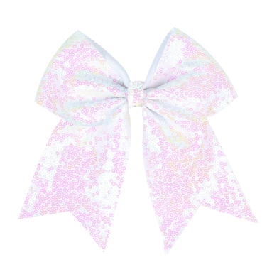 Jumbo Glitter Cheer Bow Clip - 7 Inch Large Cheerleading Sequin Hair Bow with Tails for Girls Teen Softball Cheerleader Outfit Uniform (White)