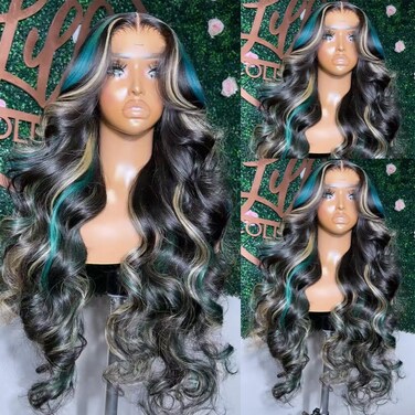 Blue Blonde Highlight Lace Front Wigs for Women Pre-plucked Hairline Glueless 13X4 Inch Synthetic Lace Front Wig with Baby Hair Long Deep Wavy Wigs