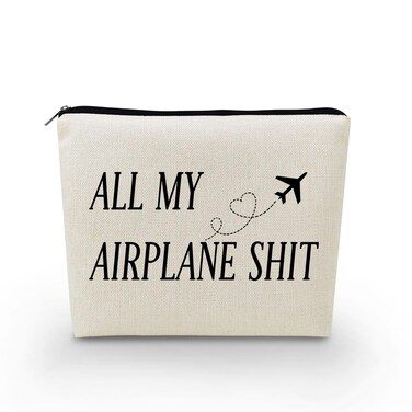 Airplane Canvas Makeup Bag All My Airplane Things Organizer Toiletry Pouch with Zipper Airline Accessories Cosmetic Bag Travel Present for Airline Stewardess Air Hostess Women Friends