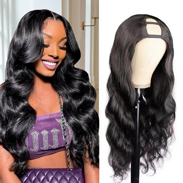 U Part Human Hair Wig Body Wave Brazilian Virgin Hair Glueless Wigs Human Hair 180% density U Part Wig for Black Women U Part Wig Human Hair Upart half wig Natural Black Color 18 inch