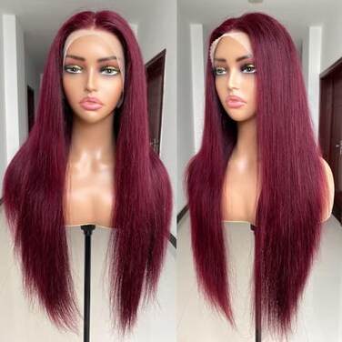 REMY HAIR 13x4 Lace Front Wigs Human Hair 99J Burgundy Lace Front Wigs Pre Plucked Red Wig Human Hair with Baby Hair, Straight Red Lace Front Wigs Human Hair for Black Women 150% Density (20 Inch)