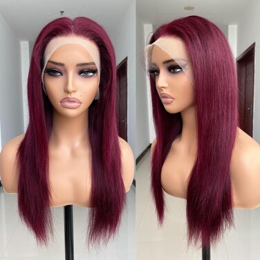 REMY HAIR 99J Lace Front Wigs Human Hair 13x4 Transparent Burgundy Straight Lace Front Human Hair Wig Pre Plucked with Baby Hair 150% Density Human Hair Natural Hairline Red Wig (18 Inch)