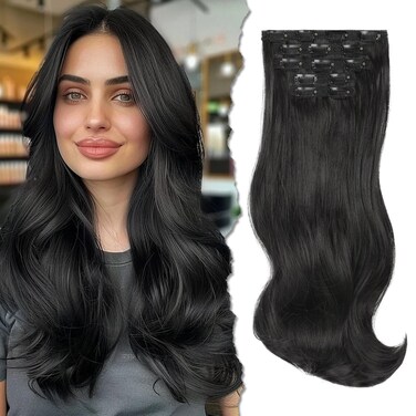 Clip in Hair Extensions 5PCS Black Hair Extensions for Women 20 Inch Long Wavy Synthetic Hair Extension Invisible Lace Weft Natural Soft Hairpieces (Natural Black)