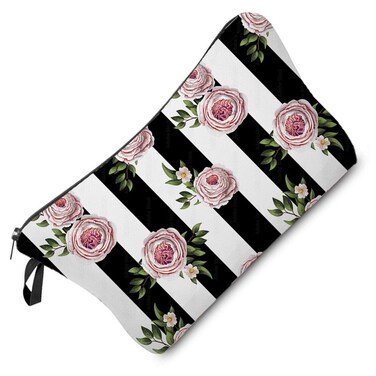 Pink Rose Makeup Bag Black White Stripe Background Rose Print Small Toiletry Organizer Zipper Pouch Simple Style Roses Pattern Cosmetic Bag Present for Women Friends