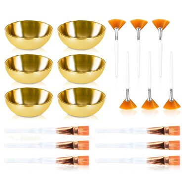 18 Pcs Esthetician Supplies for Facials Set 6 Gold Facial Bowls Esthetician 6 Facial Brushes Esthetician 6 Flat Brushes Face Mask Cosmetic Applicators for Women Facial Mask Mixing Kit Facial Tools