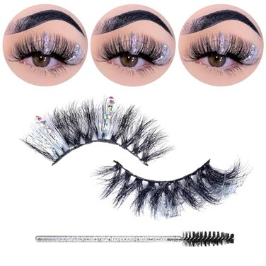 Miss Kiss 1 Pair Lashes with Color White and Rhinestone Silver Glitter Diamond Eyelashes 3D Sparkly Faux Mink False Eyelash Unique Design Manga Fairy Fake Eye Lash 18 MM