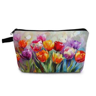 Tulip Gift Oil Painting Tulips Makeup Bag Cute Small Organizer Bag with Zipper Colorful Tulips Print Cosmetic Bag Birthday Gifts for Tulip Lovers Women Friends