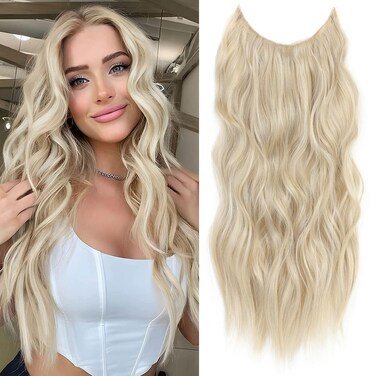 Halo Hair Extensions 24 Inch Invisible Wire Hair Extensions Adjustable Long Wavy Hair Extensions Synthetic Upgrade 4 Secure Clips in Hairpieces 24 Inch, Blonde Mix Platinum Blonde