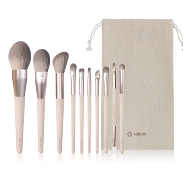 Solone Exquisite Makeup Brush Set (10pcs) - Peach Pink Synthetic Wood Handles - Powder, Contour, Blush, Eyeshadow, Blending, Pencil, Detail, and Accent Dual-Ended Brushes; Vegan &amp; Cruelty Free