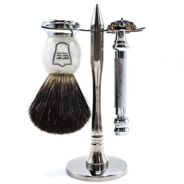 Parker 99R Shave Set - Includes Parker 99R Double Edge Butterfly Safety Razor, Black Badger Brush, Stainless Steel Shave Stand &amp; 5 Blades