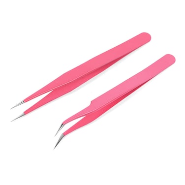 2pcs Straight and Curved Pointed Tweezers for Eyelash Extension - Nail Sticker Rhinestones Gems Picker - Stainless Steel Precision Tweezers(Pink)