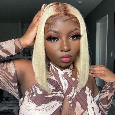 Ombre 4/613 Blonde Lace Front Human Hair Wig T Part Short Bob Wigs for Black Women Brazilian Virgin Short Straight Bob Human Hair Wigs Middle Part Ombre Brown Highlight Pre Plucked 12 Inch