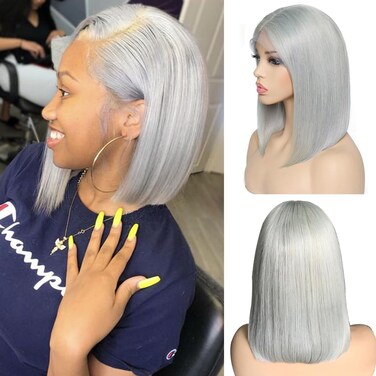 Grey Human Hair Lace Wig Silky Straight Grey Colored Glueless Bob Pre Plucked Virgin Human Hair Middle Part 16" 180% Density 13x4 Lace Frontal Bleached Knots with Baby Hair Long Bob Wig for Women