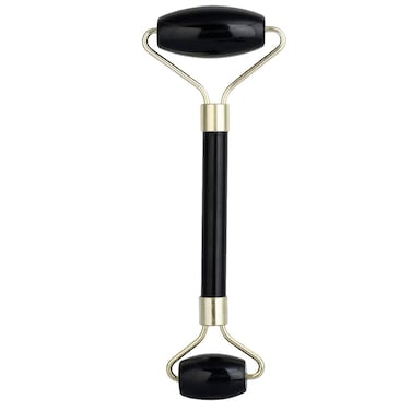 rockcloud Natural Crystal Stone Roller Massager Double Neck Face &amp; Neck Massage Therapy Anti-Aging Wrinkle Healing Slimming Skincare Tool,Black Obsidian