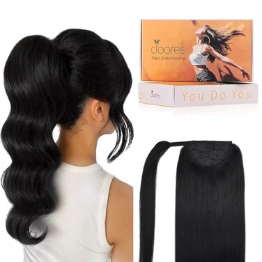 DOORES Ponytail Extension Human Hair clip in hair extensions Jet Black 14 Inch 75g Hair Extensions Clip in Human Hair Straight Wrap Around Ponytail Hair Piece with Magic Paste