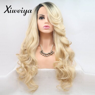 Xiweiya Ombre Light Blonde with Dark Roots Wavy Lace Front Wig Natural Hairline Blonde Synthetic Lace Front Wigs Heat Resistant Wig with Bangs High Density for Women Daily Wear Wigs