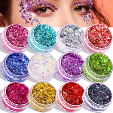 Teenitor Face Glitter Makeup Hair Glitter, 12 Colors Face and Body Glitter Gel for Festival Makeup, Gel Glitter for Face, Body, Hair, Total 120g/4.23oz