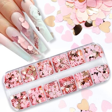 12 Grids Butterfly Glitter Nail Sequins 3D Cherry Blossoms Nail Glitter Flakes Rabbit Heart Pink Flower Design Nail Charms Acrylic Nail Art Supplies for Women Valentine's Day DIY Nail Decorations
