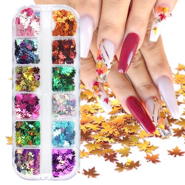 Eseres Holographic Nail Glitter Fall Confetti for Nail Art Designs Maple Leaves Nail Sequins Autumn Nail Stickers for Thanksgivings Day