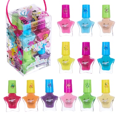 Expressions 12pc Scented Nail Polish Set - Colorful Star-Shaped Mini Nail Polishes w/Fun Fruity Scents, Cute Nail Polish Manicure Kit &amp; Pedicure Kit For Girls, Water Based