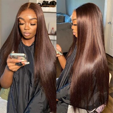 Chocolate Brown Lace Front Wigs Human Hair 180% Density Brown Straight 13x4 HD Transparent Lace Frontal Wigs Human Hair Pre Plucked 4# Brown Human Hair Wig Glueless Wigs Human Hair(32inch)