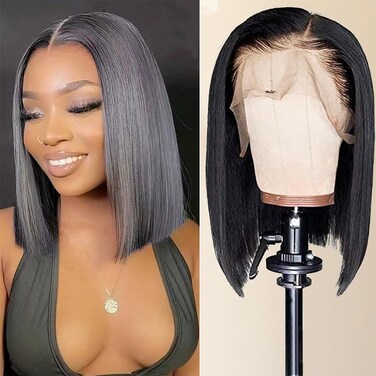 Short Straight Bob Wig Human Hair 13x4 Lace Frontal Bob Wig HD Transparent Bob Lace Front Wigs for Women 180 Density Glueless Wigs Human Hair Brazilian Virgin Bob Wig Natural Black 12 Inch