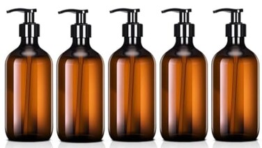 16 oz Amber Boston Plastic Bottles with Pump Cap BPA Free - Shampoo, Lotion, Liquid Soap, Air Fresheners, Hand Cleaner, Massage Oils (5 pack)