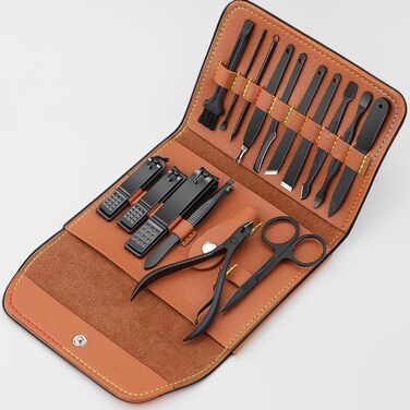 Professional 16 pcs Manicure Set Nail Clippers Pedicure Kit, 16 Pieces Stainless Steel Nail Care Tools Grooming Kit with Brown Travel Leather Case for Men Women Gift - Jet Black