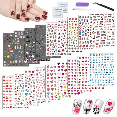 Nail Art Stickers for Women Girls Kids, 18 Sheets Acrylic Decals with Tweezers, Heart Sunflower Fruit Panda Lips Designs, Self-Adhesive Waterproof Nail Decoration
