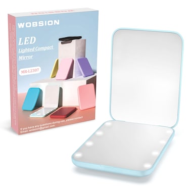 wobsion Small Mirror with Lights,LED Compact Makeup Mirror,1x/3x Mini Travel Mirror with Magnification,Portable Hand Held Mirror for Purse,Pocket,Gifts for Girls,Blue