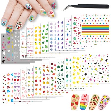 24 Sheets Nail Stickers for Girls Women and Kids, Nail Art Stickers Bunny Penguin Duck Flower Heart Star Rainbow Cloud Snow Lucky Clover Maple Watermelon Fruit for Nail Art Decoration with Tweezers