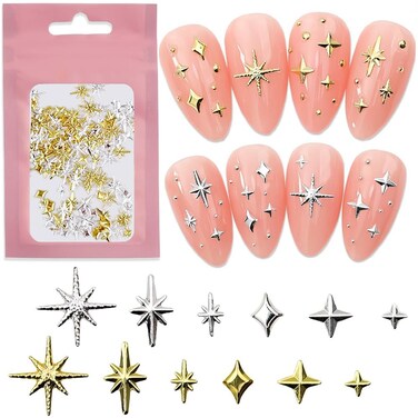 240pcs Gold Silver Star Nail Charms 3D Star Charms for Nails Design Metal Stars Nail Art Charms Alloy Nail Studs Star Nail Charm Nail Jewels for Nail Art Supplies Starlight Nail Decor Nail Accessories