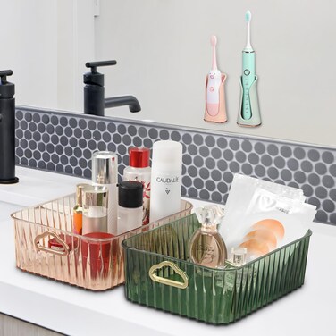 2-Pack Green &amp; Pink Makeup Organizers + 2-Pack Electric Toothbrush Holders Combo, 10" x 8" Large Capacity Bathroom Organizers with Handle, Aesthetic Vanity Skincare Organizer Bins