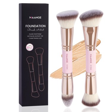 MAANGE Foundation Makeup Brushes, 2Pcs Premium Double-Ended Makeup Brush (Flat/Angled/Angled Round/Tapered Top) for Buffing Liquid, Cream, Powder, Blending Contour Face Brush(Pink/Gold)
