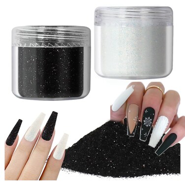 2Pcs White Glitter Gel Nail White Black Sugar Nail Powder Pigment Sugar Nail Glitter Snow Candy Glitter Dust Shiny Holographic Nail Art Decorations Coat Effect Manicure Accessories Diamond Nails