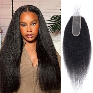 Kinky Straight Lace Closure 2x6 HD Lace Closure Human Hair Middle Part Deep Parting Transparent HD Lace Closure 2x6 Yaki Straight Hair Closure 100% Human Hair Natural Black Color 14 Inch