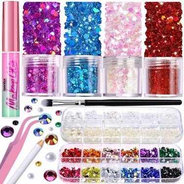 Teenitor Face Glitter with Face Gems Face Glue for Women, Face Pearls &amp; Body Glitter Set for Makeup, Hair Glitter Face Jewels with Wax Pencil, Red Glitter Sparkles Rhinestones for Face