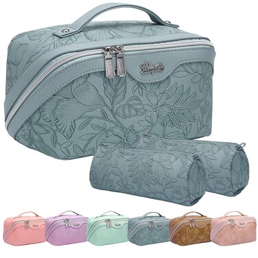 BOYATU Travel Makeup Bags Cosmetic Organizer Bag: 3-Set Large Capacity Make up Bag - PU Leather Toiletry Bags for Women - Wide Open Portable Pouch with Divider &amp; Handle (01-Light Blue)