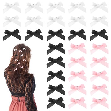 30Pcs Hair Bows, Mini Bowknot Ribbon Barrettes, Kawaii Bow Hair Clips for Women Girls, Hairpins with Bowknots in Black, Pink, and White for Hair Design