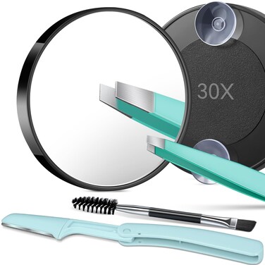 TsMADDTs 30X Magnifying Mirror and Tweezers Kit, Small Magnifying Makeup Mirror with Suction Cups for Shaving, Blackhead Blemish Removal, Compact for Travel, 3.5IN