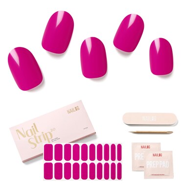 Semi Cured Gel Nail Strips - NAILOG 20 Pcs Gel Nail Stickers   Buy 2 Get 1 UV Light   Extra Long Nail Wraps with Glossy Gel Finishing Rose Red, Magen
